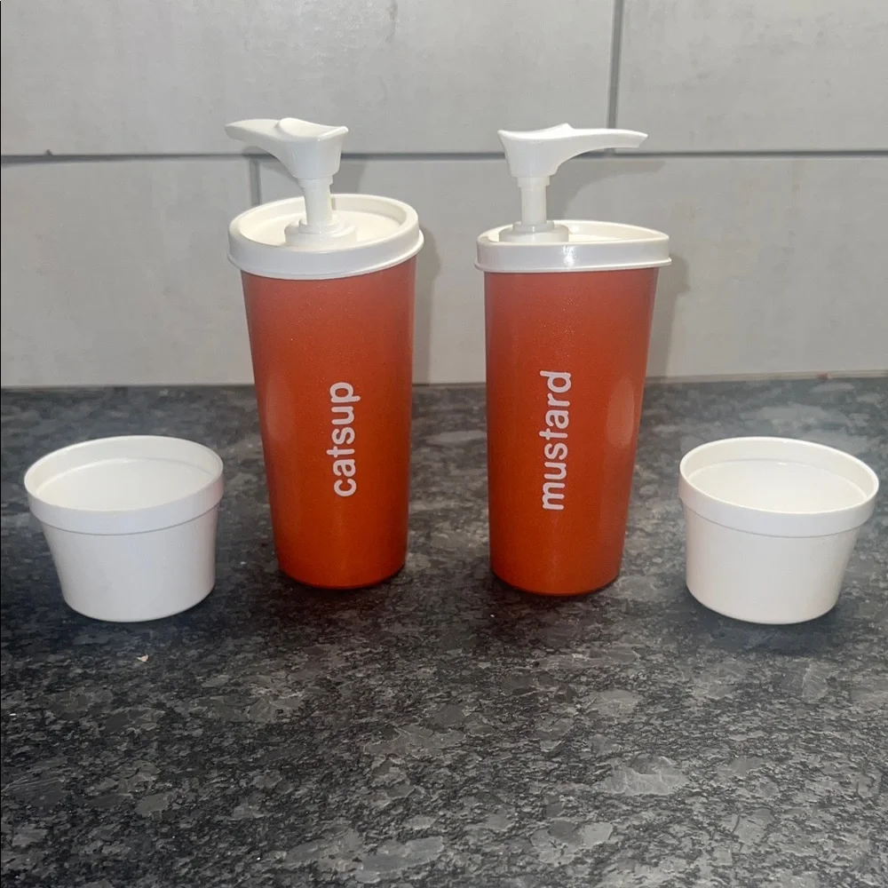 Tupperware Ketchup & Mustard Condiment Pump Bottles with White Lids and Cups